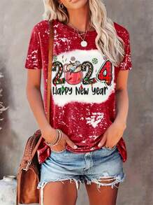 SHEIN LUNE Slogan Print Short Sleeve T-Shirt - Multicolor - View 1