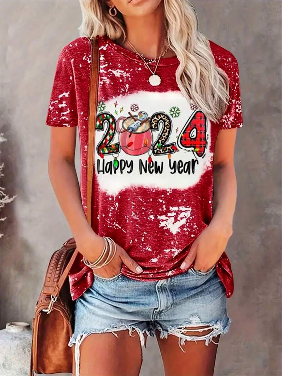 SHEIN LUNE Slogan Print Short Sleeve T-Shirt - Multicolor - View 1