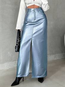 RueChic Women's High Waist Split Front Denim Skirt With Slanted Pockets - Blue - View 1