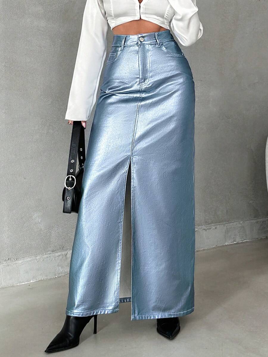 RueChic Women's High Waist Split Front Denim Skirt With Slanted Pockets - Blue - View 1