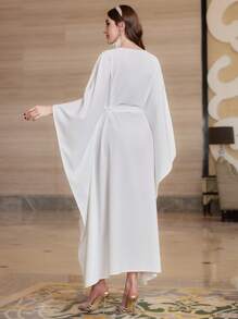 Al Najma Fish Scale Embroidery Fringed Batwing Sleeve Kaftan - White - View 2