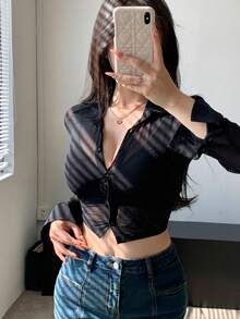 DAZY Top De Malla De Manga Larga Para Mujer - Negro - Ver 5