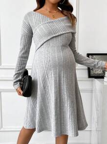 SHEIN Thai sản Màu thuần Phong cách Đơn giản Đầm - Xám - Xem 3