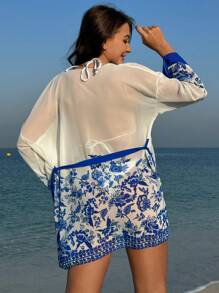 女士花卉印花和服套裝,下垂肩長袖款 - 彩色 - 查看 2