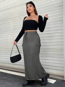 SHEIN EZwear Plus Size High Waist Cargo Utility Skirt - Grey - View 5