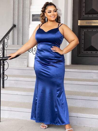 Joyfunear Plus Size Women's Elegant Solid Color Satin Spaghetti Strap Fishtail Hem Dress, Summer