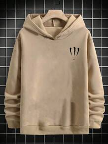 Manfinity EMRG Men's Plus Size Hooded Sweatshirt With Slogan Print And Thermal Lined - Khaki - View 2