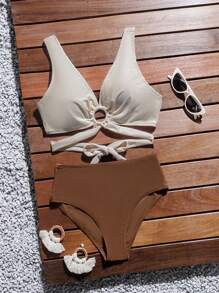 SHEIN Swim Women's Color Block Hollow Out Two-Piece Bikini Set Summer Beach - Multicolor - View 3