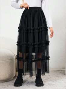 RueChic Teen Girls' Mesh Skirt With Frill Decoration - Black - View 1