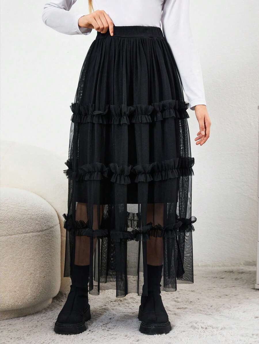 RueChic Teen Girls' Mesh Skirt With Frill Decoration - Black - View 1