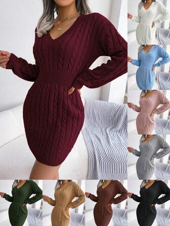 女士休闲日常性感纯色V领绞花针织修身长袖毛衣连衣裙，秋冬款