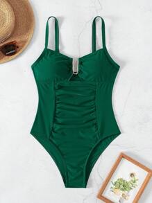 Bonvoyette 2026 Spring/Summer Women's Adjustable Metal U-Shaped Decor Green Elegant Fitted Waist Ruched One-Piece Bikini Swimsuit - Dark Green - View 2