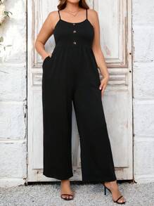 SHEIN Clasi 女士加大碼鈕扣細節細肩帶寬腿連身褲 - 黑色 - 查看 1