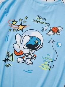 SHEIN Tween 男童舒適卡通印花休閒 T 卹 - 藍色 - 查看 5