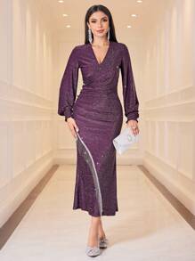 Modelyn 女式闪亮流苏装饰长款晚礼服 - 紫色 - 查看 3