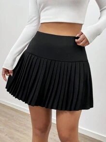 SHEIN Qutie Màu thuần Chân Váy xếp ly - màu đen - Xem 5