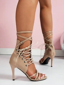 高跟涼鞋露趾细跟粉色凉鞋女靴女高跟凉鞋 - 卡其色 - 查看 2