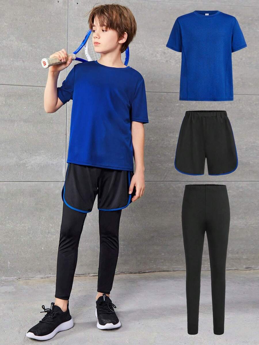 SHEIN 3 Cái/bộ Teen Boy Casual Màu Cổ Tròn Tay Ngắn Áo Form Rộng Quần Short Và Bó Sát Quần Dài Thể Thao - Nhiều màu - Xem 1