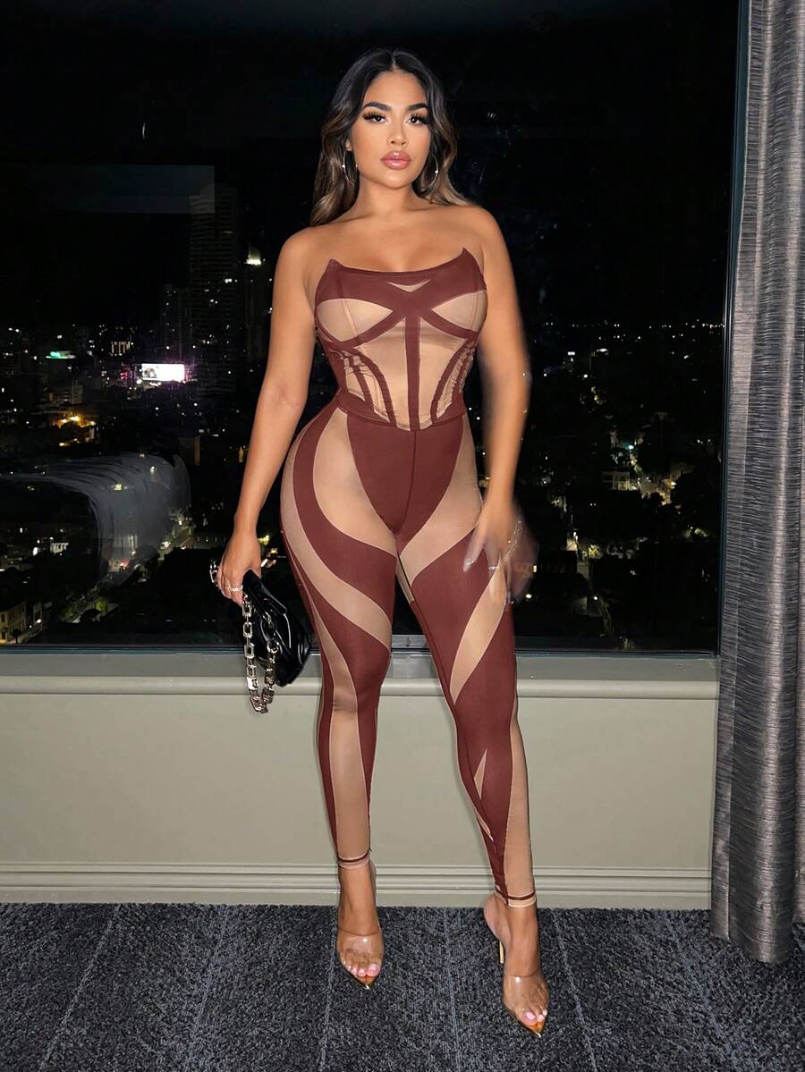 SHEIN SXY 女士針織褲,帶有對比網眼插件 - 棕色 - 查看 1