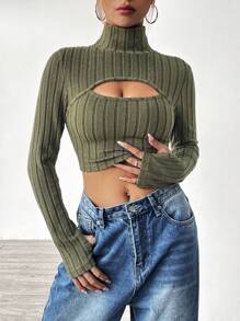 SHEIN EZwear Women's Solid Color High Neck Crop Top With Hollow Out Detail - Green - View 1