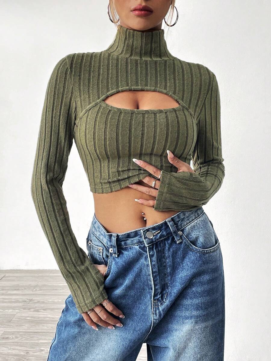 SHEIN EZwear Women's Solid Color High Neck Crop Top With Hollow Out Detail - Green - View 1