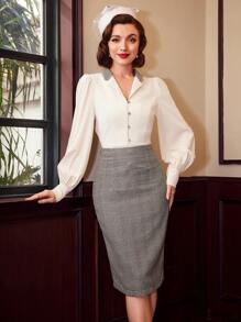 SHEIN DECDS 復古優雅女性2入組格紋拼接翻領v領長袖襯衫和高腰貼身裙套裝 - 彩色 - 查看 3