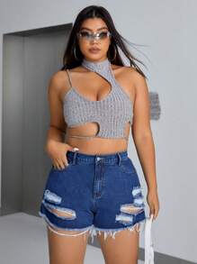 SHEIN ICON 大尺碼女士破壞風格牛仔短褲 - 藍色 - 查看 4