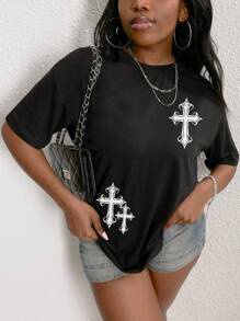 SHEIN EZwear 印花短袖t恤 - 黑色 - 查看 4