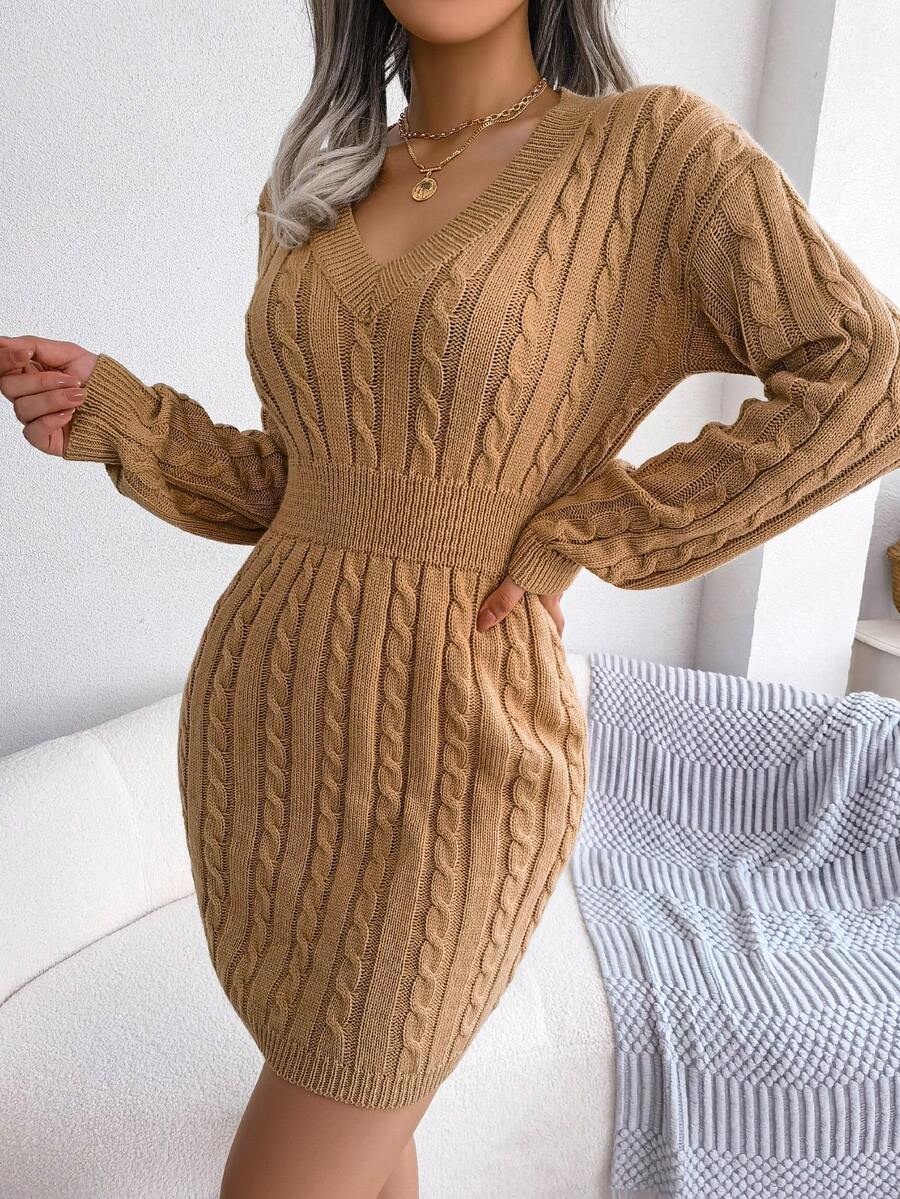 European & American Fashion Waist Cinching Cable Knit Bodycon Dress, Autumn/Winter - Khaki - View 1