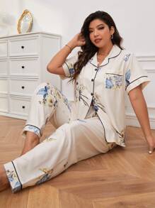 Plus Size Women's Floral Printed Short Sleeve Shirt & Shorts Pajama Set, Loose Fit And Comfortable Home Clothing For Spring, Vacation
