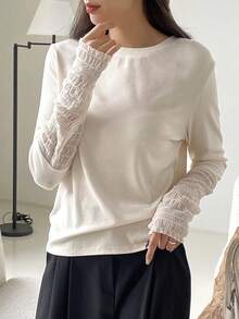 DAZY Ren Vá lại Tay áo dài Áo thun - Màu be - Xem 8