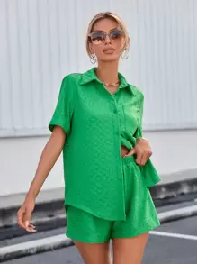 SHEIN Essnce Women's Pocket Front Cutout Embroidered Top And Shorts Setwomen Two Piece Sets - Green - View 5