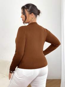 SHEIN Privé 大尺碼女士鑽石細節修身t恤 - 鏽棕色 - 查看 2