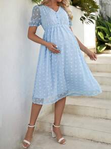 SHEIN Maternity Swiss Dot Puff Sleeve Dress - Blue - View 3