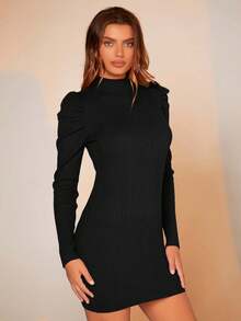 BizChic 女款純色立領腰袖毛衣連身裙 - 黑色 - 查看 6