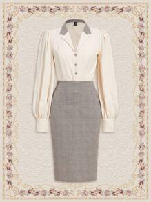 SHEIN DECDS 復古優雅女性2入組格紋拼接翻領v領長袖襯衫和高腰貼身裙套裝 - 彩色 - 查看 2