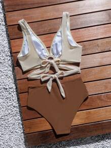 SHEIN Swim Women's Color Block Hollow Out Two-Piece Bikini Set Summer Beach - Multicolor - View 4