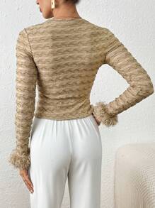 SHEIN Privé Của phụ nữ Lông Textured Vòng cổ Áo thun - Màu Khaki - Xem 2