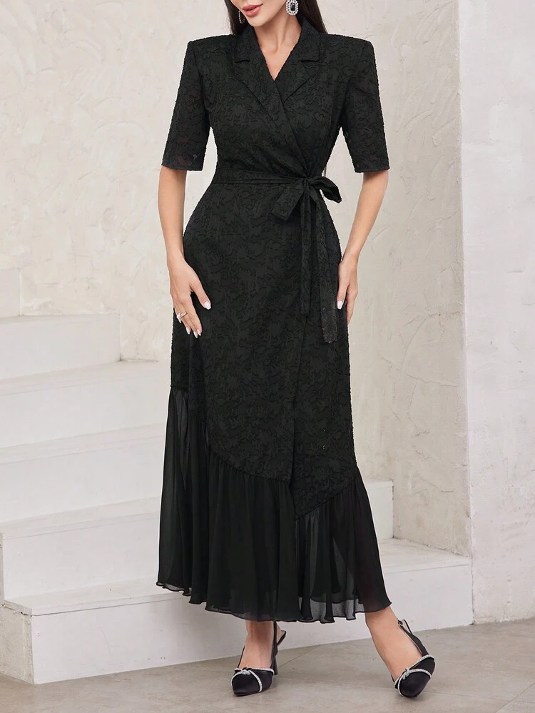 Women'S Collared Mesh Contrast Waist Cinched Dress