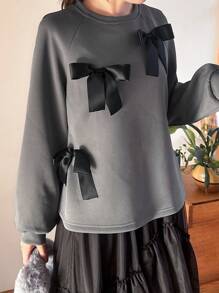 FRIFUL Bow Decorated Long Sleeve Casual Round Neck Sweatshirt - Grey - View 5