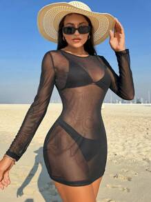 Swim Vcay Của phụ nữ Lưới trong suốt Áo len Mở - màu đen - Xem 3