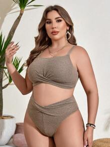 SHEIN Swim Curve Plus Size Women's Crossed Hem Bikini Set Wedding Summer Beach - Gold - View 3