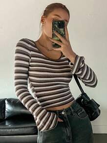 DAZY Women's Striped Long Sleeve T-Shirt - Brown - View 5