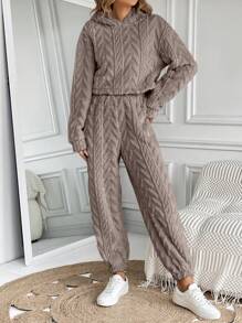 SHEIN LUNE Conjunto De Dos Piezas Texturizado Con Flecos De Peluche Para Mujer - Gris - Ver 3