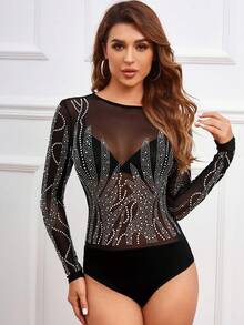 Body De Malla Con Incrustaciones De Cristales - Negro - Ver 1