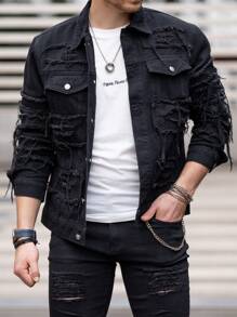 Manfinity LEGND Áo khoác denim viền thô có tua rua dành cho nam, Chất liệu cotton tối màu trơn màu đen thời trang dành cho bạn bè - màu đen - Xem 8