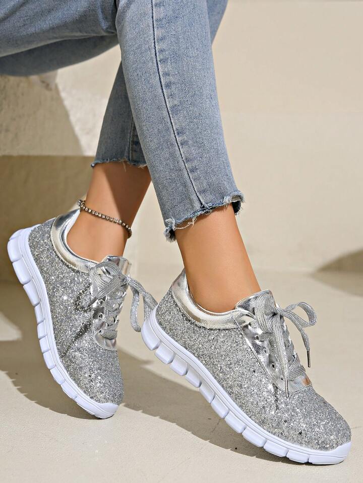 Women s Silver Glitter Sparkle Fashion Sneakers