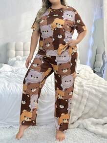 Plus Size Women's Cute Bear Printed Short Sleeve And Pants Pajama Set - Multicolor - View 4