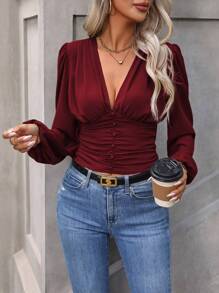 SHEIN Clasi 纯色褶皱深 V 领衬衫、长袖上衣 - 酒紅色 - 查看 5