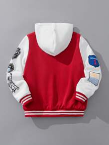 SHEIN Tween Boys' College-Style Sport Baseball Jacket With Badge & Print & Patchwork Design Hoodie - Burgundy - View 2